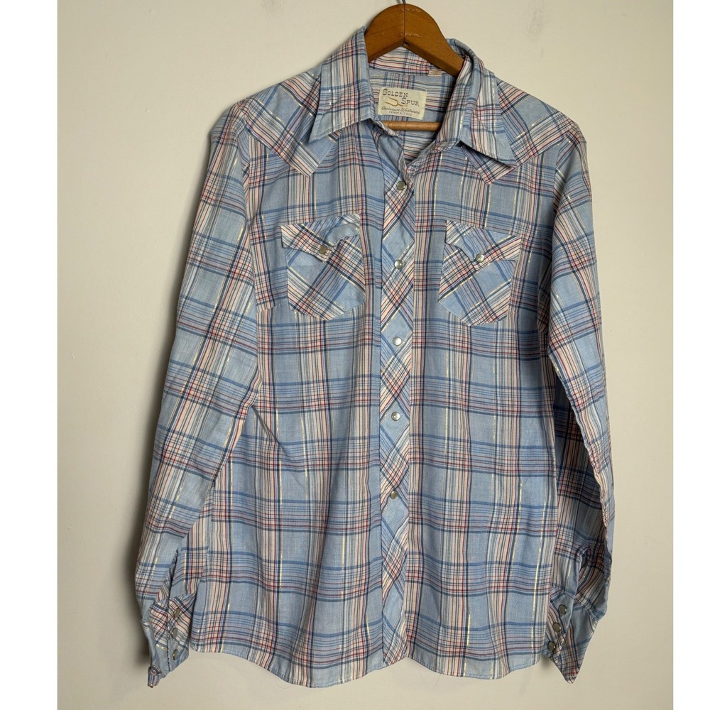 Golden Spur Womens Pearl Snap Western Shirt 16/38 Plaid Metallic Cowgirl Country